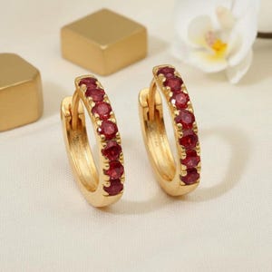 Seven Stones Garnet Hoop Earrings, January Birthstone Gifts, Huggie Hoop Earrings, Minimal Hoop Earrings Gift for Women