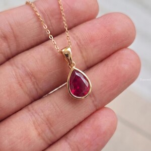 Pear Cut Ruby Necklace, July Birthstone Bezel Pendant, Dainty Red Gemstone Necklace, Bridesmaid Birthstone Gift for Her
