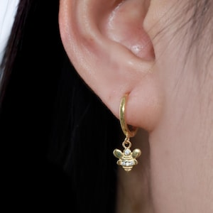 Honey Bee Diamond Hoop Earrings, Minimalist Hoop Earrings Gift for Women, Dangle Drop Honey Bee Hoop Earrings, Unique Earrings Design
