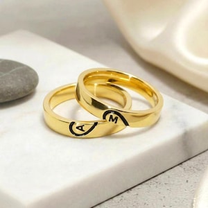His and Her Matching Couple Rings, Engraved Initial Rings, Personalized Anniversary Gift for Women