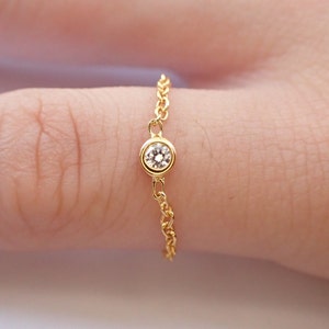 14k Gold Chain Ring, Bezel Set Diamond Gold Chain Ring, Delicate Chain Ring, Lovely Gifts for Anyone