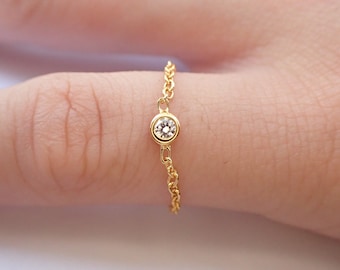 14k Gold Chain Ring, Bezel Set Diamond Gold Chain Ring, Delicate Chain Ring, Lovely Gifts for Her, Mother&#39;s Day Gift
