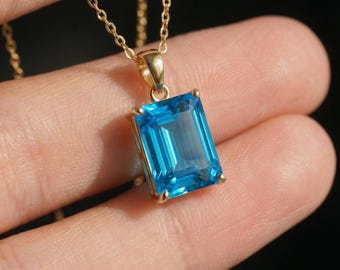 14K Gold Blue Topaz Necklace | Emerald Cut Topaz Pendant | Dainty Gold Jewelry | December Birthstone Gift for Her