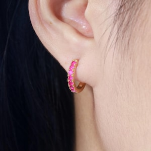 Seven Stones Ruby Hoop Earrings, July Birthstone Gifts, Huggie Hoop Earrings, Minimal Hoop Earrings Gift for Women