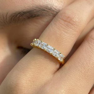 Anniversary Gift Princess Cut Moissanite Wedding Band, 1.05 CTW 7 Stone Ring, 3mm Square Stone Half Eternity Ring image 6