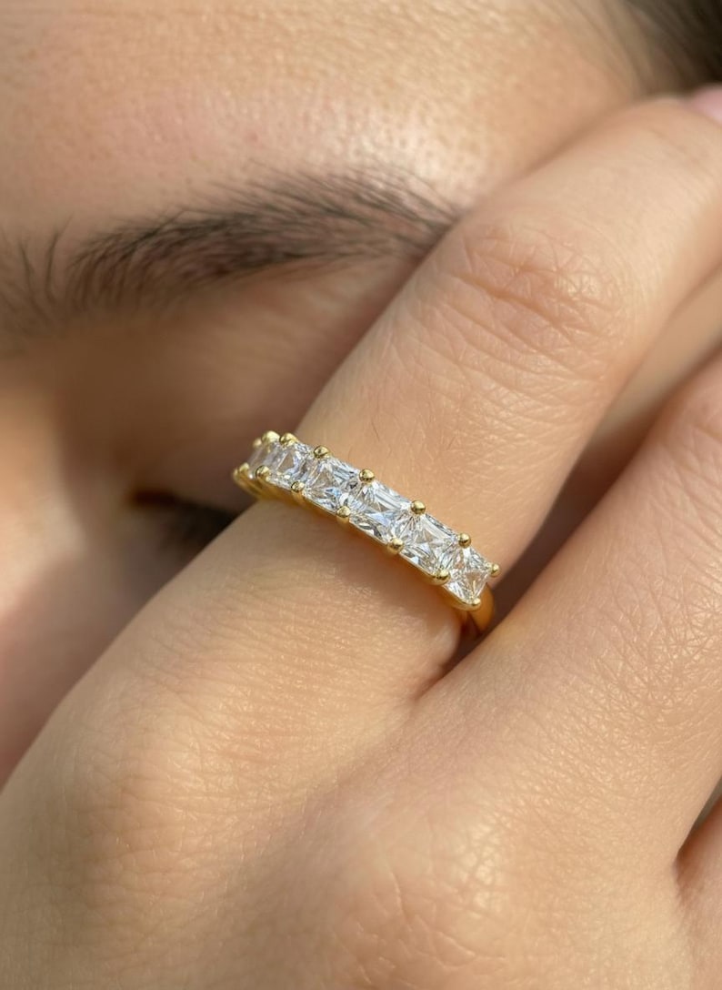 Anniversary Gift Princess Cut Moissanite Wedding Band, 1.05 CTW 7 Stone Ring, 3mm Square Stone Half Eternity Ring image 6