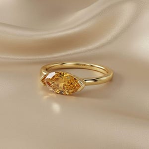 Anel de viagem com citrino lapidado em formato de marquise, estilo leste-oeste | Anel de noivado solitário minimalista | Anel de compromisso delicado com corte em marquise | Anel com pedra de nascimento de novembro imagem 10
