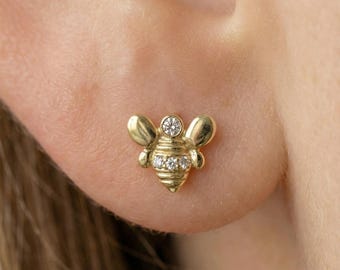 Honey Bee Gold Earrings, Gorgeous Pair of Bumble Bee, 14k Solid Gold with White Sapphires, Tiny Bee Earrings, Stud Post Earrings