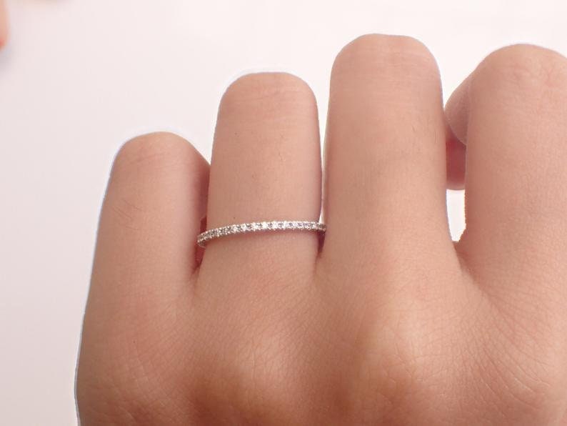 Platinum Diamond Wedding Band, Ladies Platinum Wedding Ring, Dainty Thin Platinum Band, Diamond Stackable Ring, Diamond Wedding Ring image 6