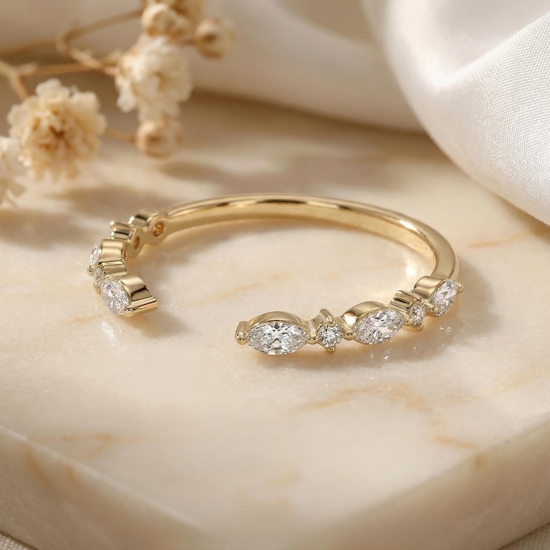 Moissanite Open Gap Wedding Band, Marquise and Round Half Eternity Stackable Matching Ring, Minimalist 14K Gold Band for Women image 10