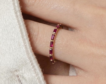 Baguette Ruby Wedding Ring, July Birthstone Ring, Half Eternity Baguette Ruby Ring, Vintage Promise Ring Gift for Her