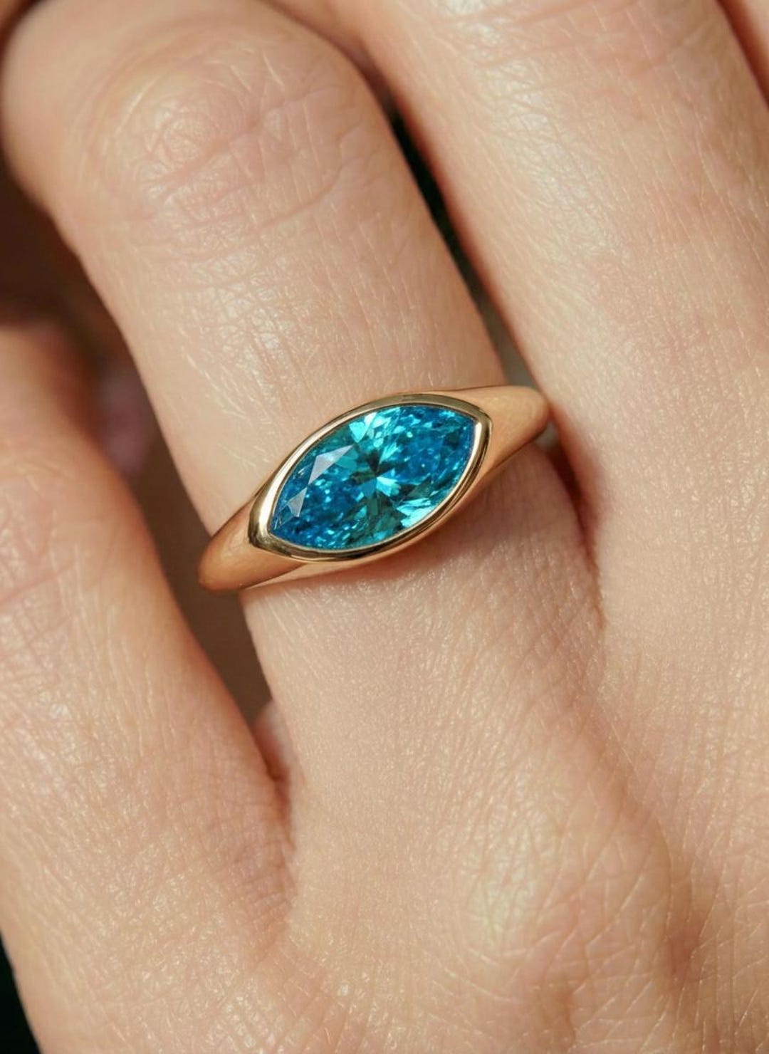 1.5ct Marquise Bezel Blue Zircon Ring, 14K Solid Gold Signet Engagement ...