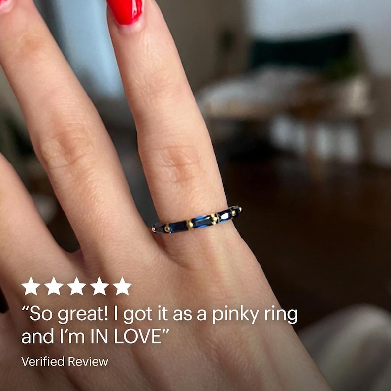 Baguette Blue Sapphire Wedding Ring, September Birthstone Ring, Half Eternity Sapphire Ring, Promise Ring, Vintage Wedding Band image 12