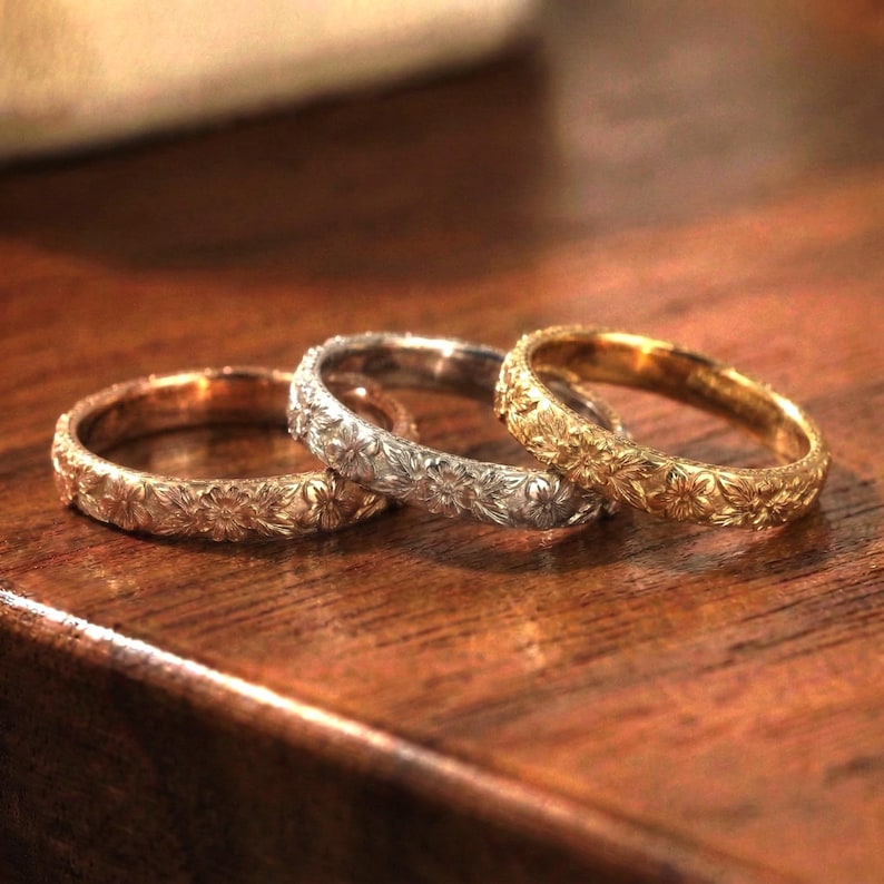 Anello nuziale floreale con primula viola, anello antico in oro semplice 10K/14K/18K con fiore unico, anello con fiore di nascita di febbraio immagine 8