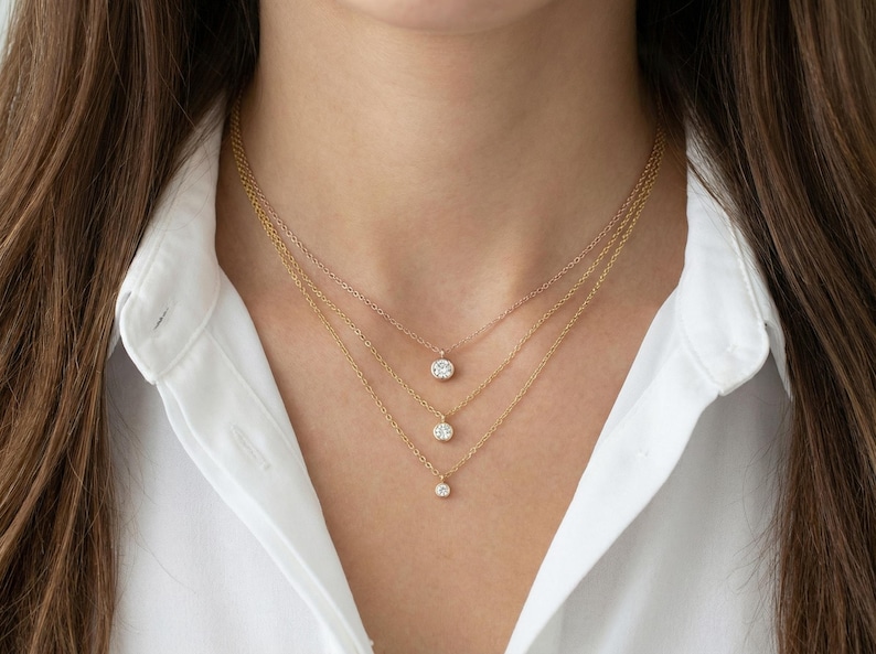 Solitaire Diamond Necklace in 14k Gold / Dainty Diamond Necklace / Bezel Diamond Necklace / Everyday Necklace image 6