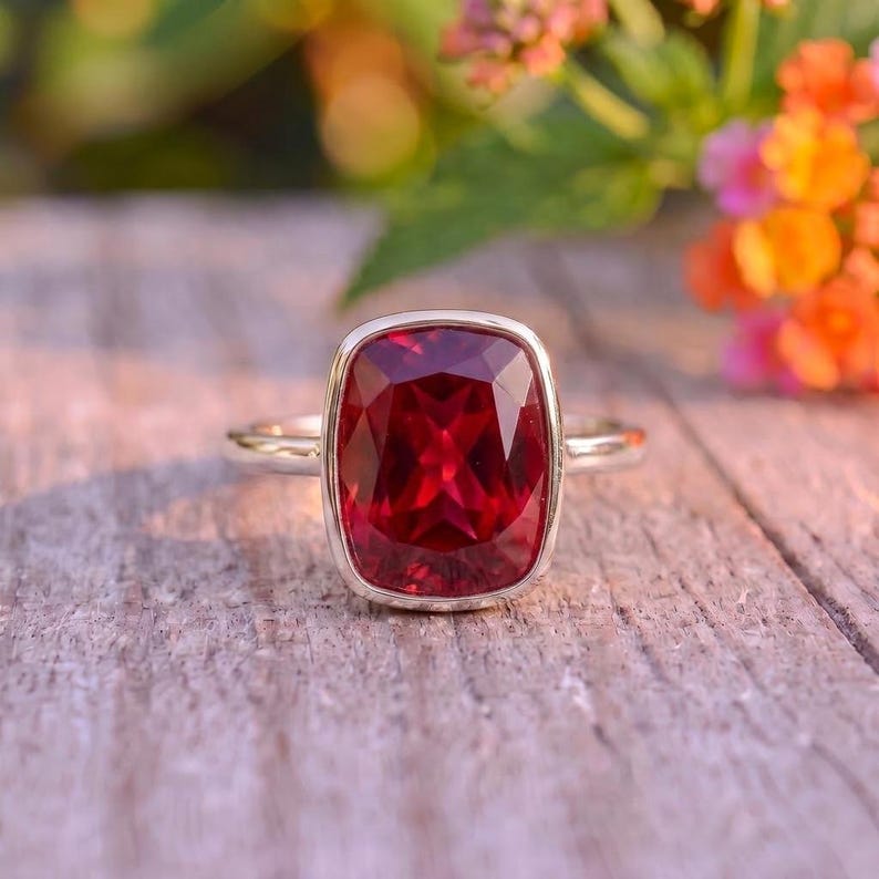 Bezel Set Ruby Ring, Cushion Cut Ruby Statement Ring, July Birthstone Ring, Birthday Gift for Her, Dainty Red Gemstone Ring image 6