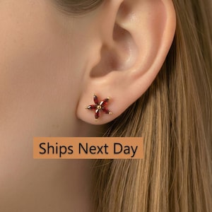 Marquise Cut Ruby Stud Earrings, Marquise Cut Diamond Earrings, Minimalist Flower Earrings, Bridesmaid Gifts, July Birthstone Gift