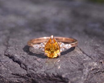 Citrine Engagement Ring Gold, Pear Cut CZ Citrine Ring, Marquise Accent Ring, November Birthstone Ring