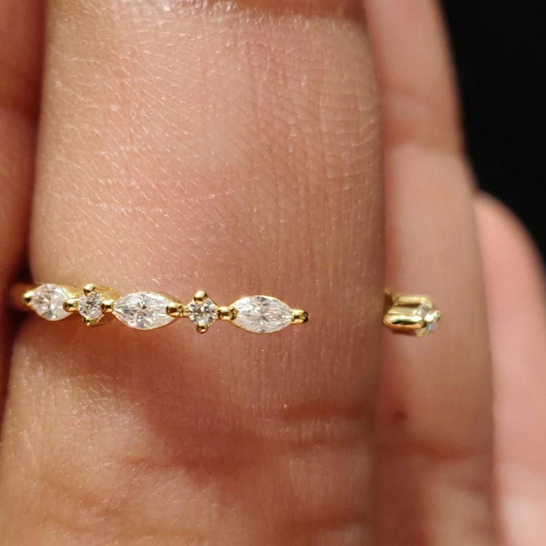 Moissanite Open Gap Wedding Band, Marquise and Round Half Eternity Stackable Matching Ring, Minimalist 14K Gold Band for Women image 14