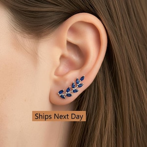 Blue Sapphire Earring Climber / September Birthstone Gift / Marquise Ear Crawlers Earrings / Ear Climber Earrings / Bridesmaid Gift