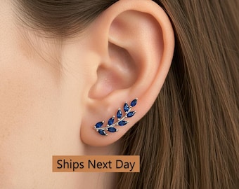 Blue Sapphire Earring Climber / September Birthstone Gift / Marquise Ear Crawlers Earrings / Ear Climber Earrings / Bridesmaid Gift