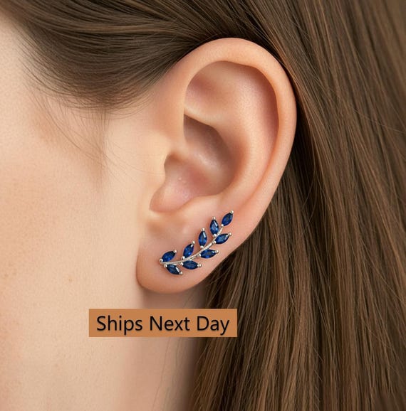 Blue Sapphire Earring Climber / September Birthstone Gift / Marquise Ear Crawlers Earrings / Ear Climber Earrings / Bridesmaid Gift