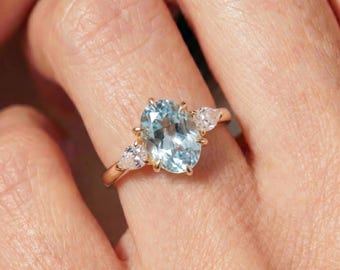 Oval Aquamarine Engagement Ring, 14K Gold Three Stone Ring with Pear Cut Diamonds, March Birthstone Ring, Anniversary Gift for Her