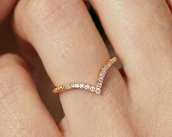 Delicate Moissanite V Ring, Solid Gold Chevron Stacking Band, Pave Moissanite Wedding Ring, Anniversary Gift for Her