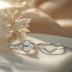 1ct Marquise Moissanite Engagement Ring Set, Marquise Diamond Wedding Ring Set, Promise Ring for Woman, 14K Solid Gold Anniversary Ring Set image 2
