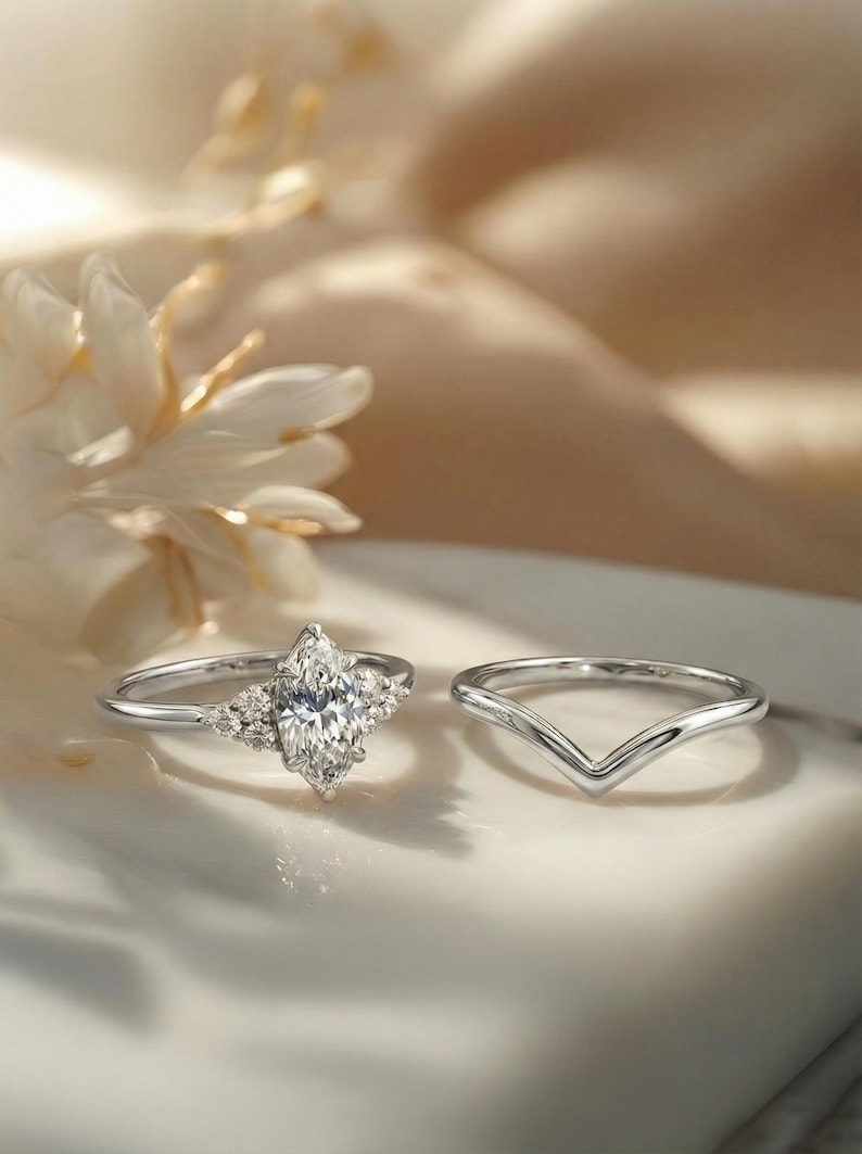 1ct Marquise Moissanite Engagement Ring Set, Marquise Diamond Wedding Ring Set, Promise Ring for Woman, 14K Solid Gold Anniversary Ring Set image 2