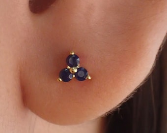 Blue Sapphire Earrings / Trio Stud Earrings / September Birthstone Gift / Three Stone Earrings / Minimalist Earrings