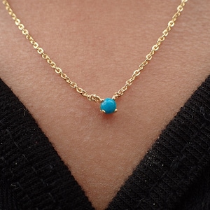 14K Yellow Gold Turquoise Necklace / December Birthstones Gift / Natural Gemstone 3mm / Prong Set Necklace