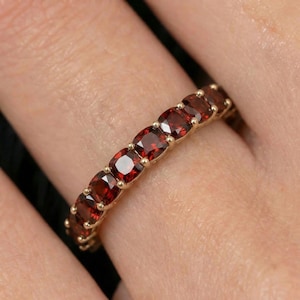Cushion Cut Garnet Wedding Band, Full Eternity Stacking Ring for Women, 18K Gold Matching Ring, January Birthstone Gift
