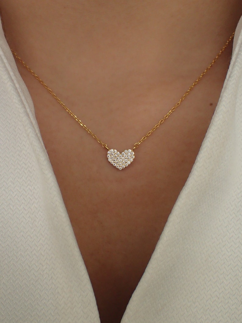 Heart Necklace / Tiny Heart Charm / 925 Sterling Silver Dainty Heart Necklace / Diamond Necklace image 1