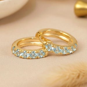 Aquamarine Huggie Hoop Earrings, Five Stone Gemstone Hoops, Something Blue Bridal Jewelry for Women, March Birthstone Gift