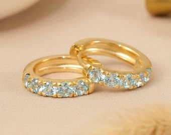 Aquamarine Huggie Hoop Earrings, Five Stone Gemstone Hoops, Something Blue Bridal Jewelry for Women, March Birthstone Gift