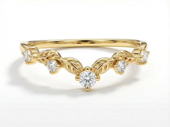 Vintage Moissanite Wedding Ring, Unique Curved Band, Vintage Anniversary Ring Gift for Women