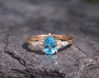 Blue Topaz Engagement Ring Gold, Pear Cut Topaz Ring, Marquise Accent Ring, December Birthstone Ring