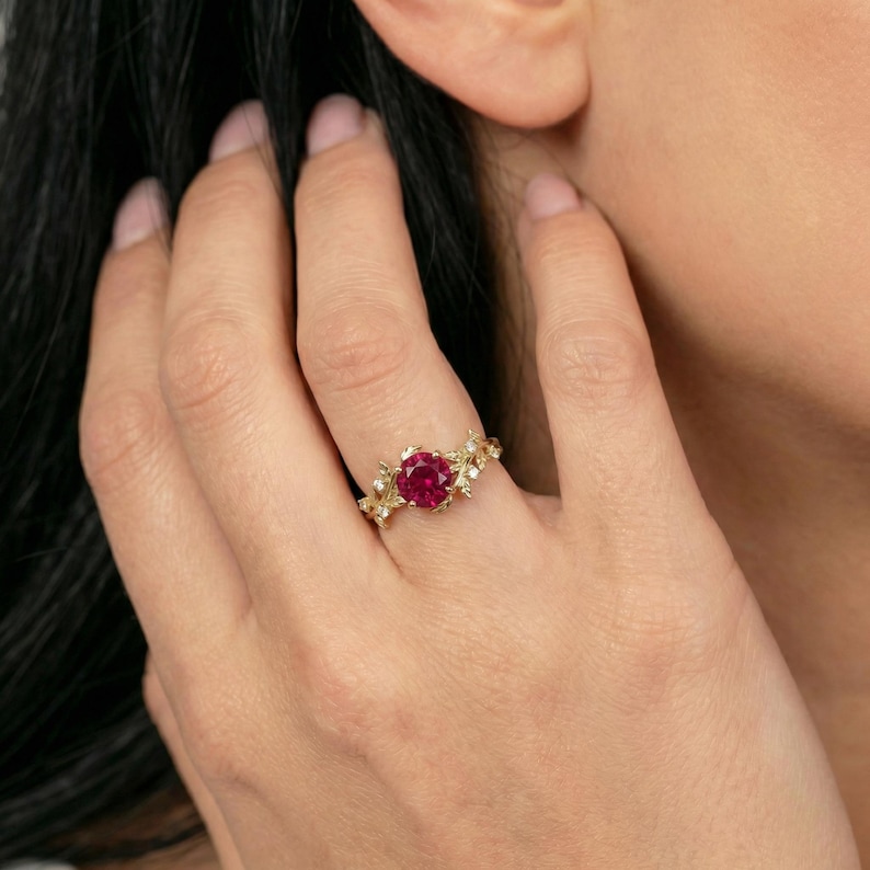Round Ruby Nature Inspired Engagement Ring, 18K Gold Leaf Branch Ring, July Birthstone Ring, Romantic Bridal Promise Ring image 7