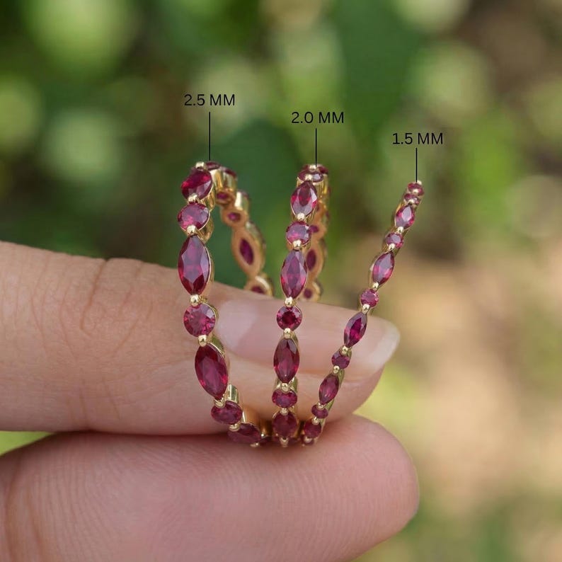 Fijne robijngouden stapelring | Marquise & ronde natuurlijke robijn Eternity-band | Sierlijk edelsteenverjaardagscadeau voor haar | Geboortesteen juli afbeelding 1