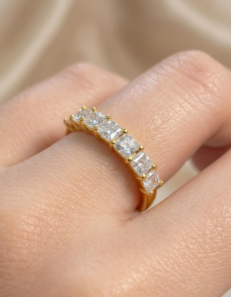 Anniversary Gift Princess Cut Moissanite Wedding Band, 1.05 CTW 7 Stone Ring, 3mm Square Stone Half Eternity Ring image 1