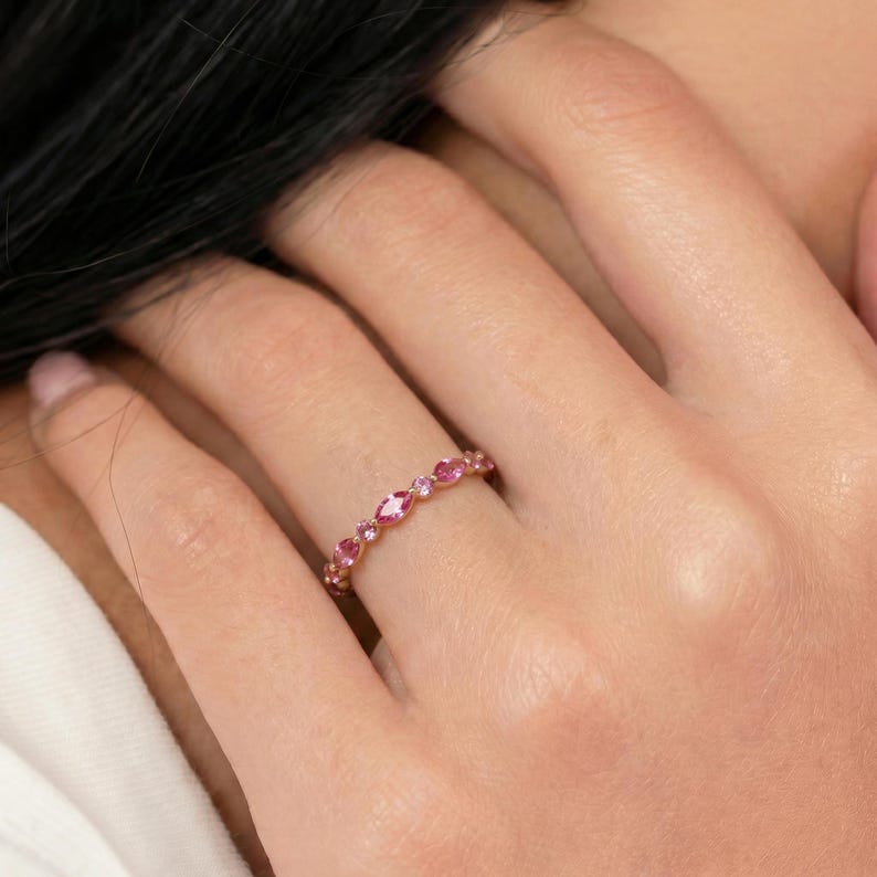Delicate Pink Tourmaline Eternity Band Ring | 14K Gold Marquise & Round Gemstone Stacking Ring | October Birthstone Gift for Her image 11