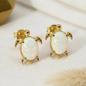 Turtle Opal Stud Earrings, Turtle Fire Opal Gemstone Jewelry, Cute Sea Turtle Jewelry for Women, Gift for Sea Lover, Sea Theme Jewelry