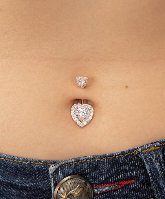 14K Solid Gold | CZ Heart Belly Button Piercing | Navel Piercing |Bell –  YanYa