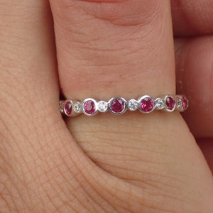 Alternate Ruby and Diamond Full Eternity Band, Delicate Ruby Band with Diamonds, Solid Gold or Platinum