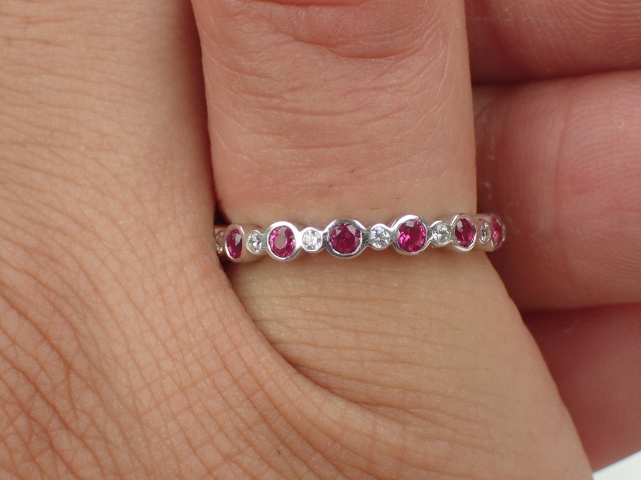 Red Ruby And CZ Diamond Round Wedding Band Alternate Ruby & Diamond Half Eternity Band Delicate Dainty Band with Diamond Solid Gold Band