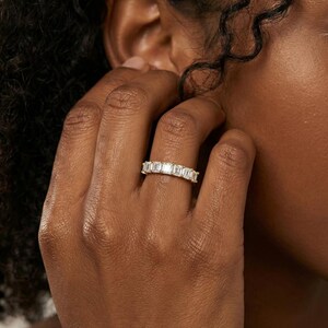 Anniversary Gift Princess Cut Moissanite Wedding Band, 1.05 CTW 7 Stone Ring, 3mm Square Stone Half Eternity Ring image 7