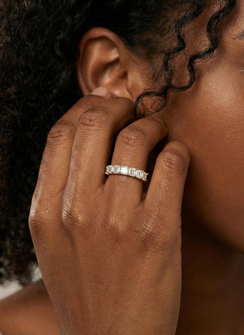 Anniversary Gift Princess Cut Moissanite Wedding Band, 1.05 CTW 7 Stone Ring, 3mm Square Stone Half Eternity Ring image 7