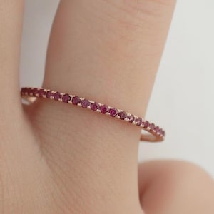 Ruby Wedding Band, Solid Gold Half Eternity Band, July Birthstone Ring, Micro Pave Wedding Ring, Thin Dainty Stackable Band