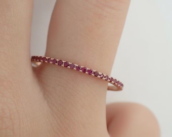 Ruby Wedding Band, Solid Gold Half Eternity Band, July Birthstone Ring, Micro Pave Wedding Ring, Thin Dainty Stackable Band